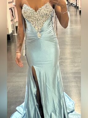 Windsor Light Blue Satin Prom Dress with Beaded Bodice